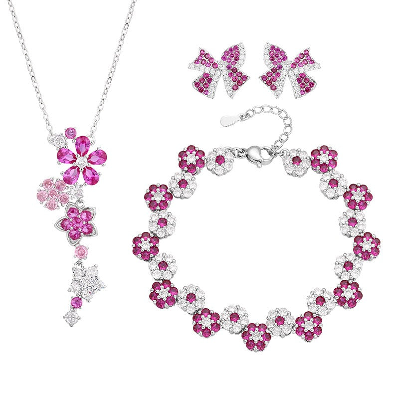 Red corundum zircon flower earrings necklace bracelet set