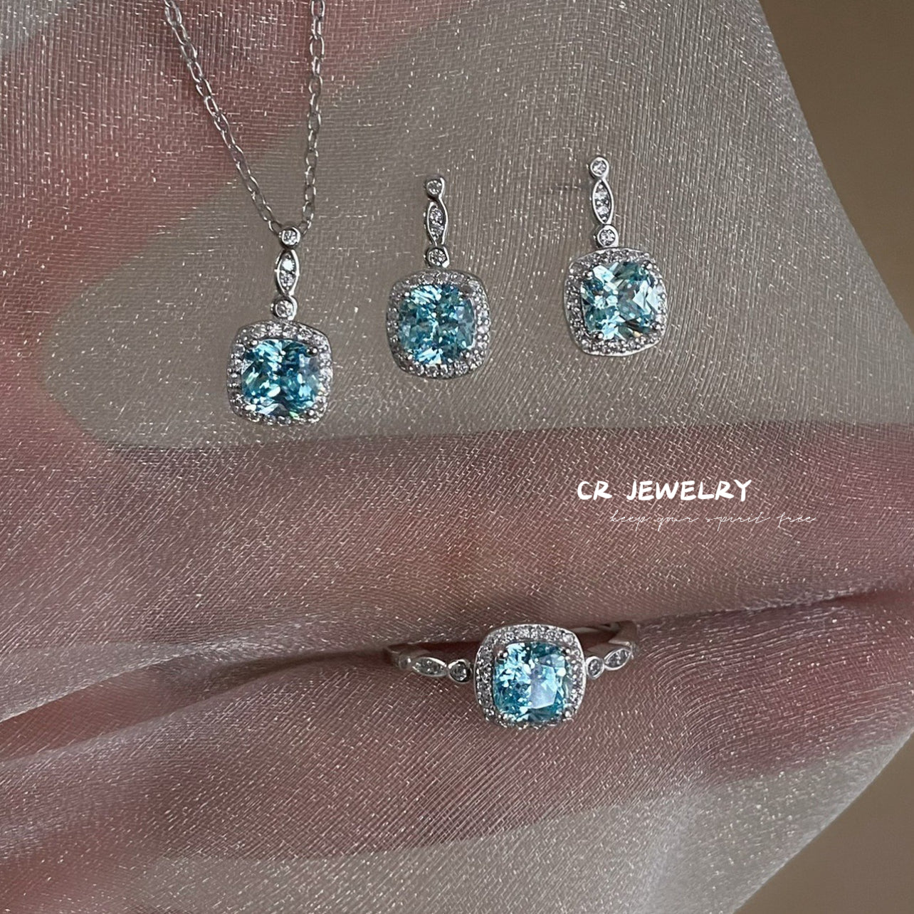 S925 silver blue zircon pendant necklace earrings set