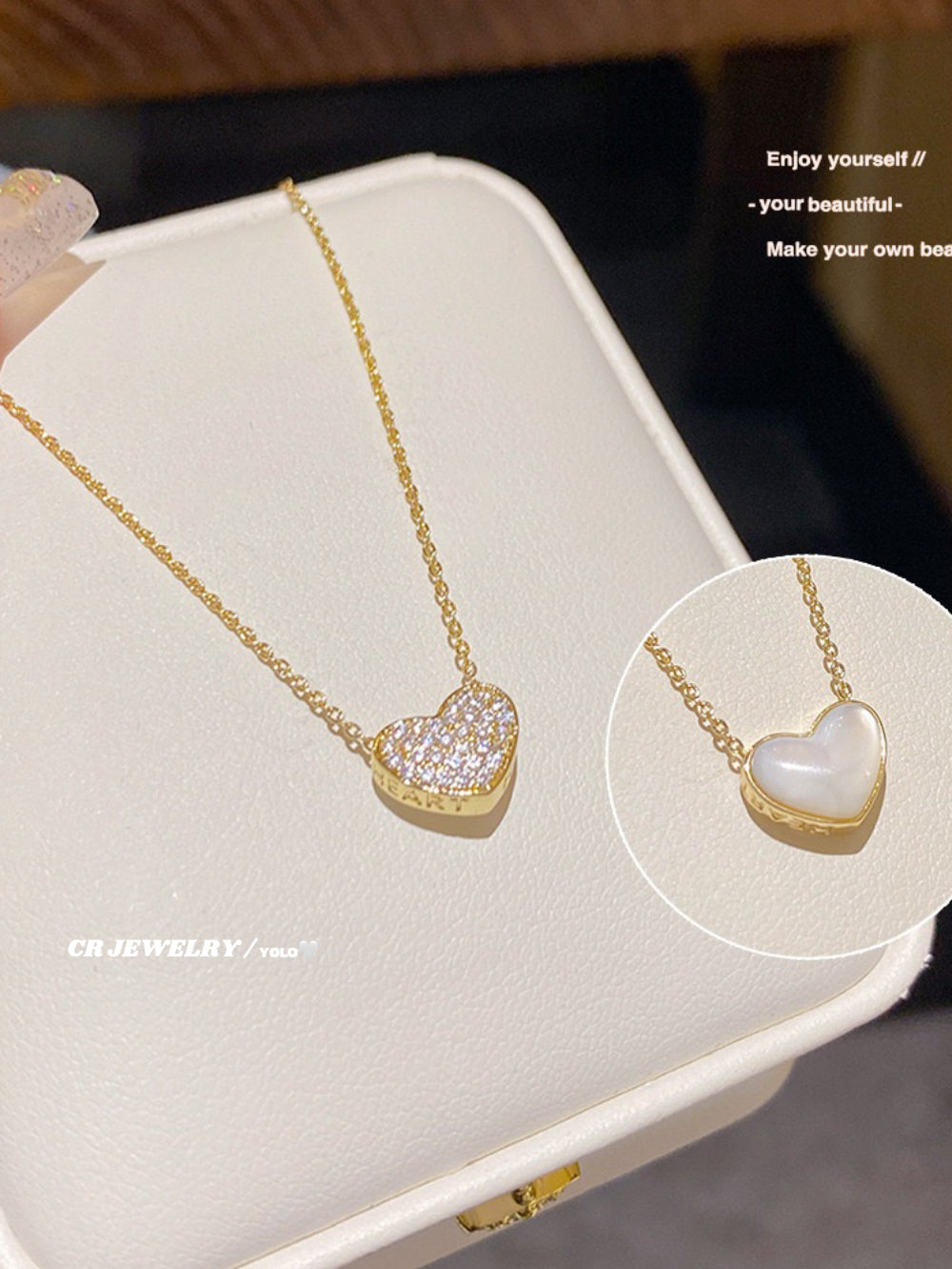 Double-sided shell zircon heart necklace