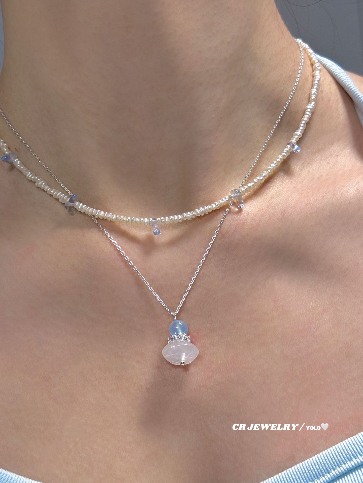 S925 silver natural white agate, yellow quartz, aquamarine necklace