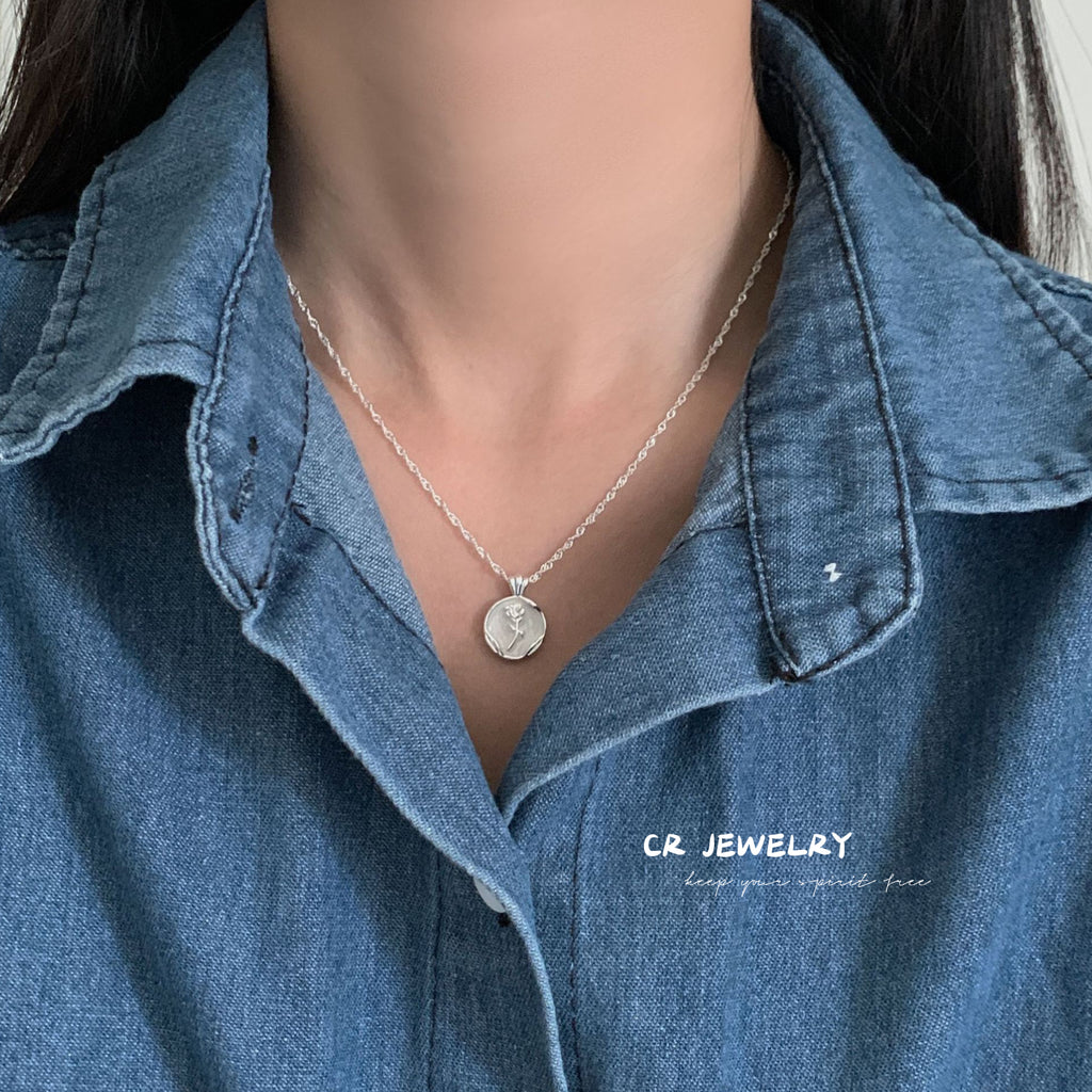 S925 silver round plate glazed tulip necklace