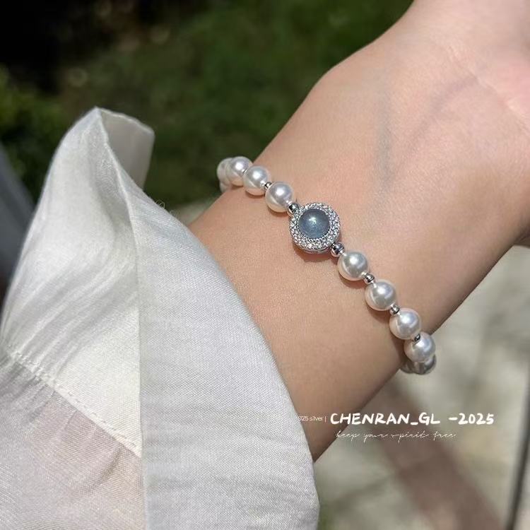 S925 silver natural aquamarine faux pearl bracelet