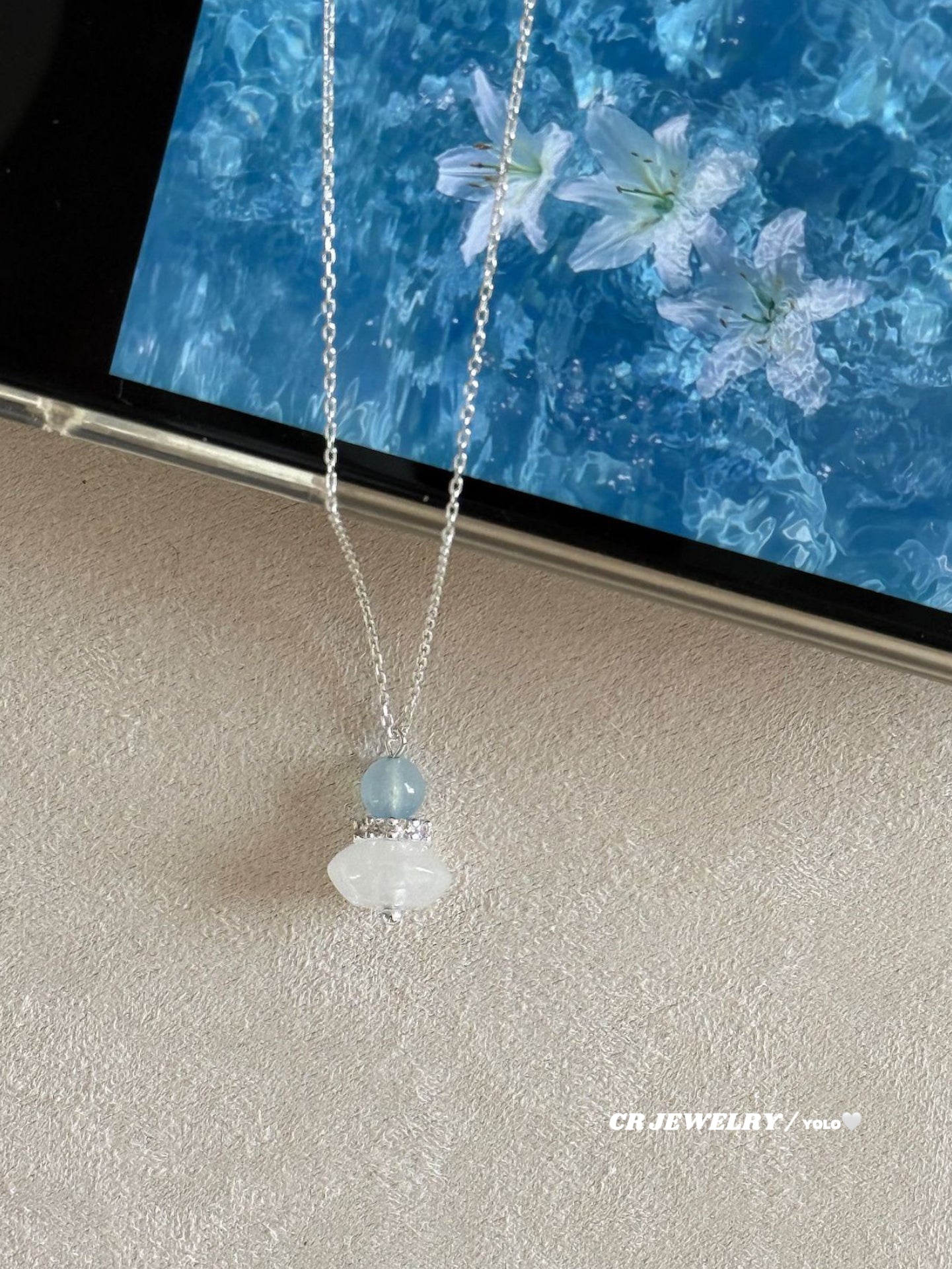 S925 silver natural white agate, yellow quartz, aquamarine necklace