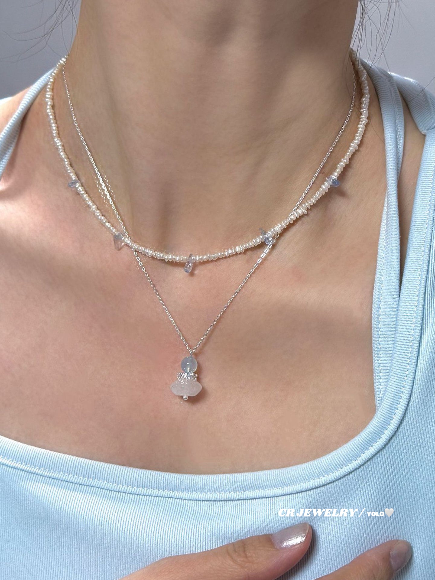 S925 silver natural white agate, yellow quartz, aquamarine necklace