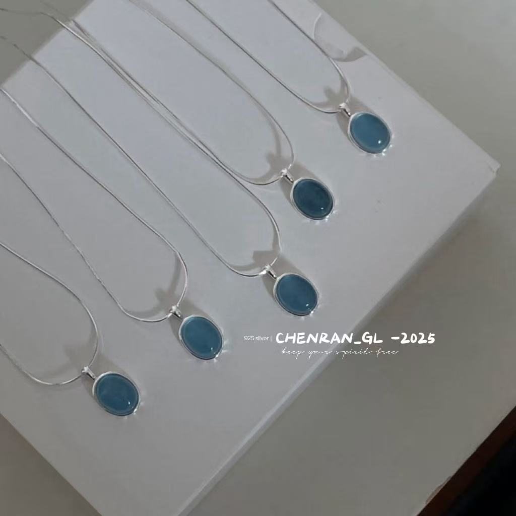 S925 silver water drop pendant aquamarine necklace