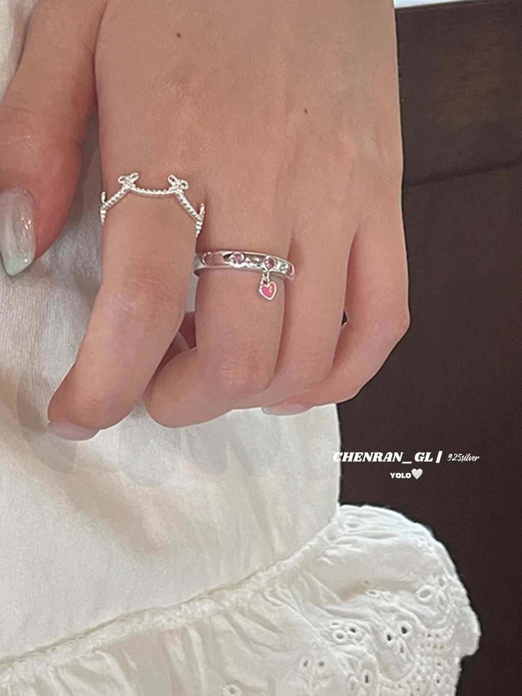 S925 silver sweet pink cute bear zircon bow ring