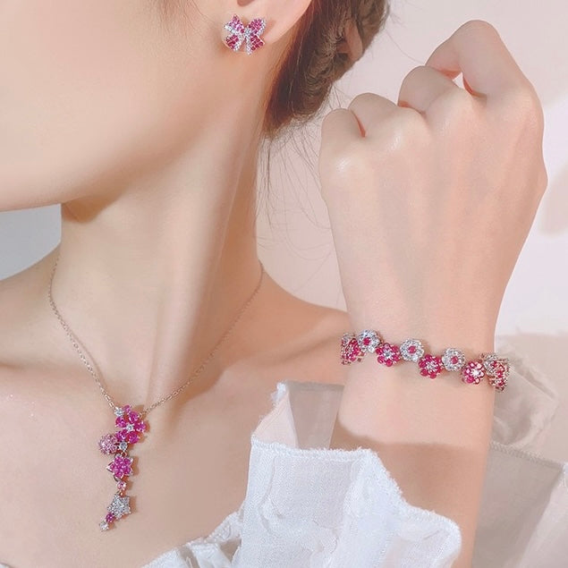 Red corundum zircon flower earrings necklace bracelet set