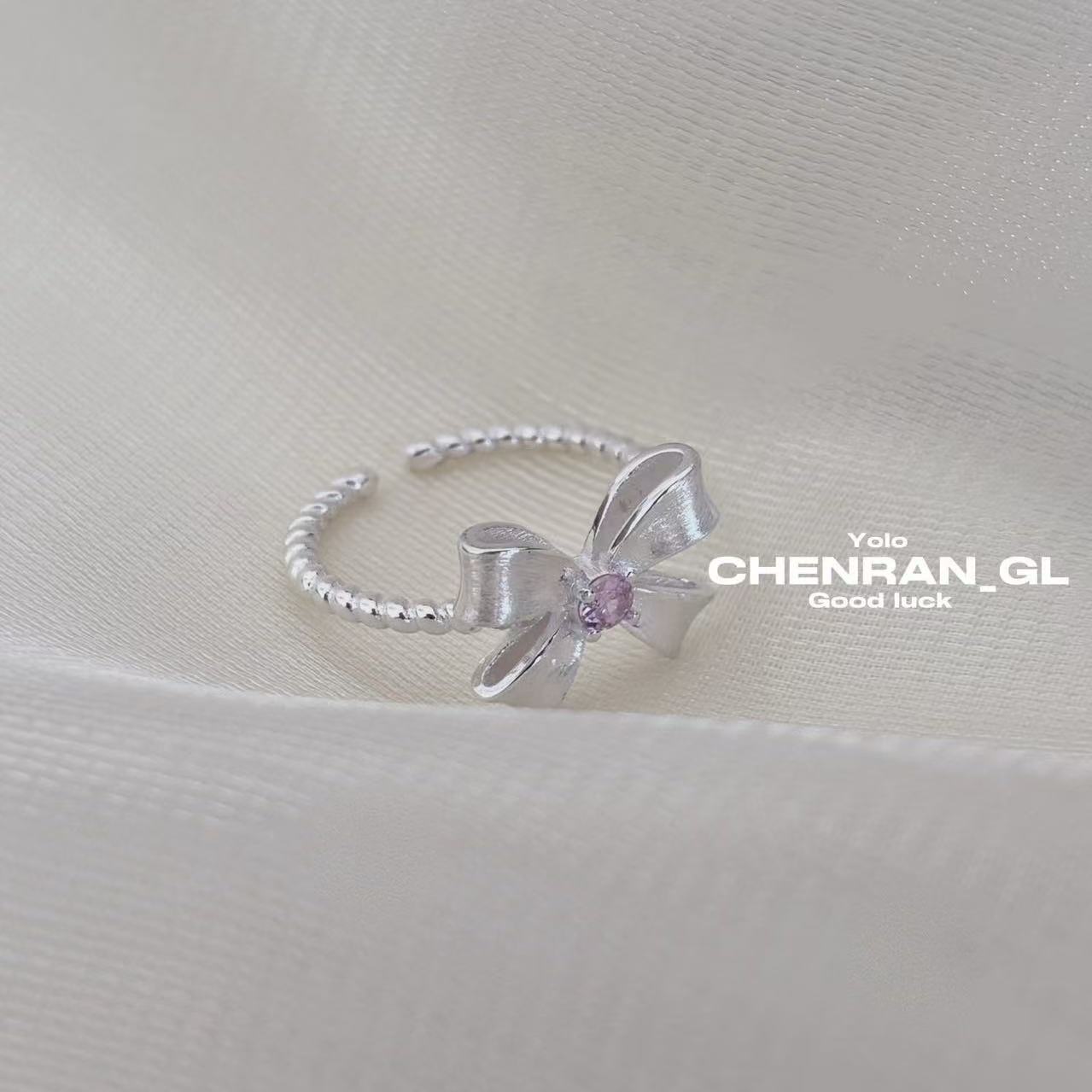 S925 silver bow pink diamond ring