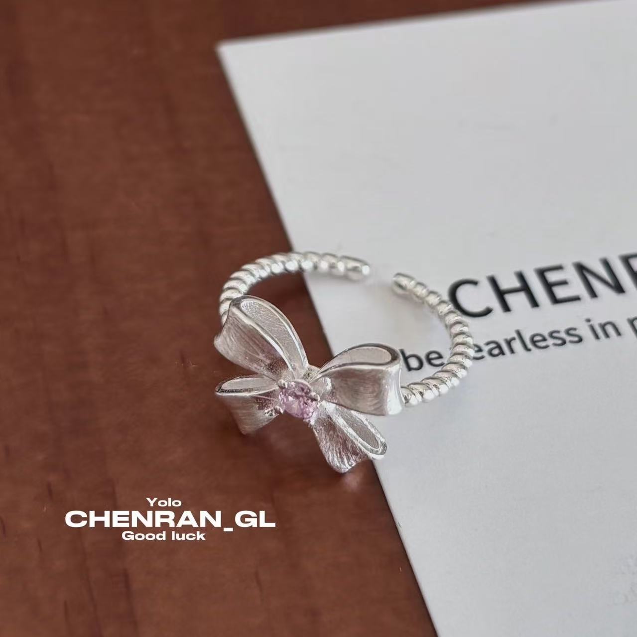 S925 silver bow pink diamond ring