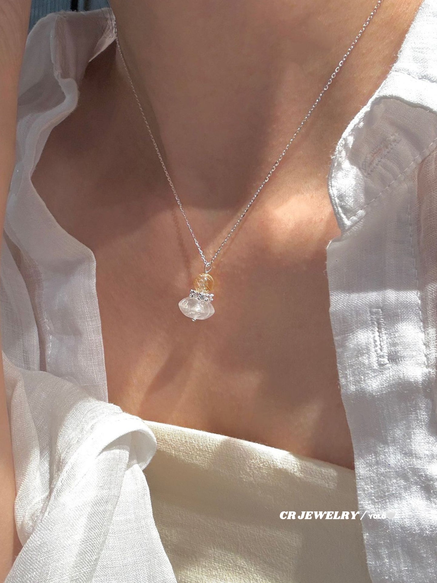 S925 silver natural white agate, yellow quartz, aquamarine necklace