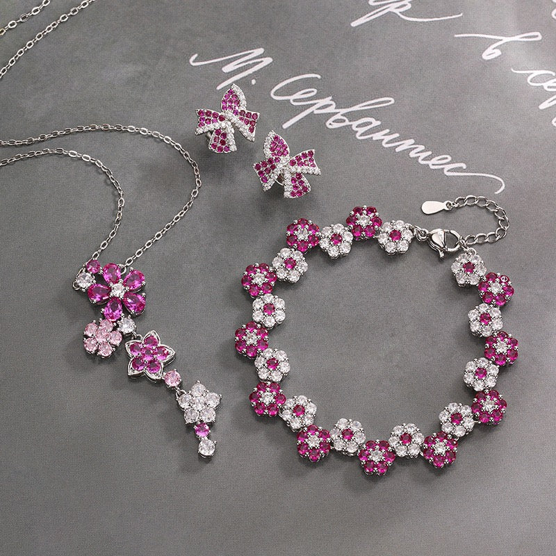 Red corundum zircon flower earrings necklace bracelet set