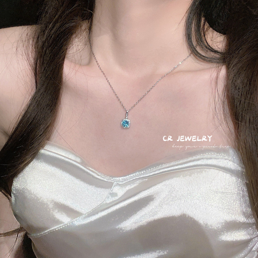 S925 silver blue zircon pendant necklace earrings set