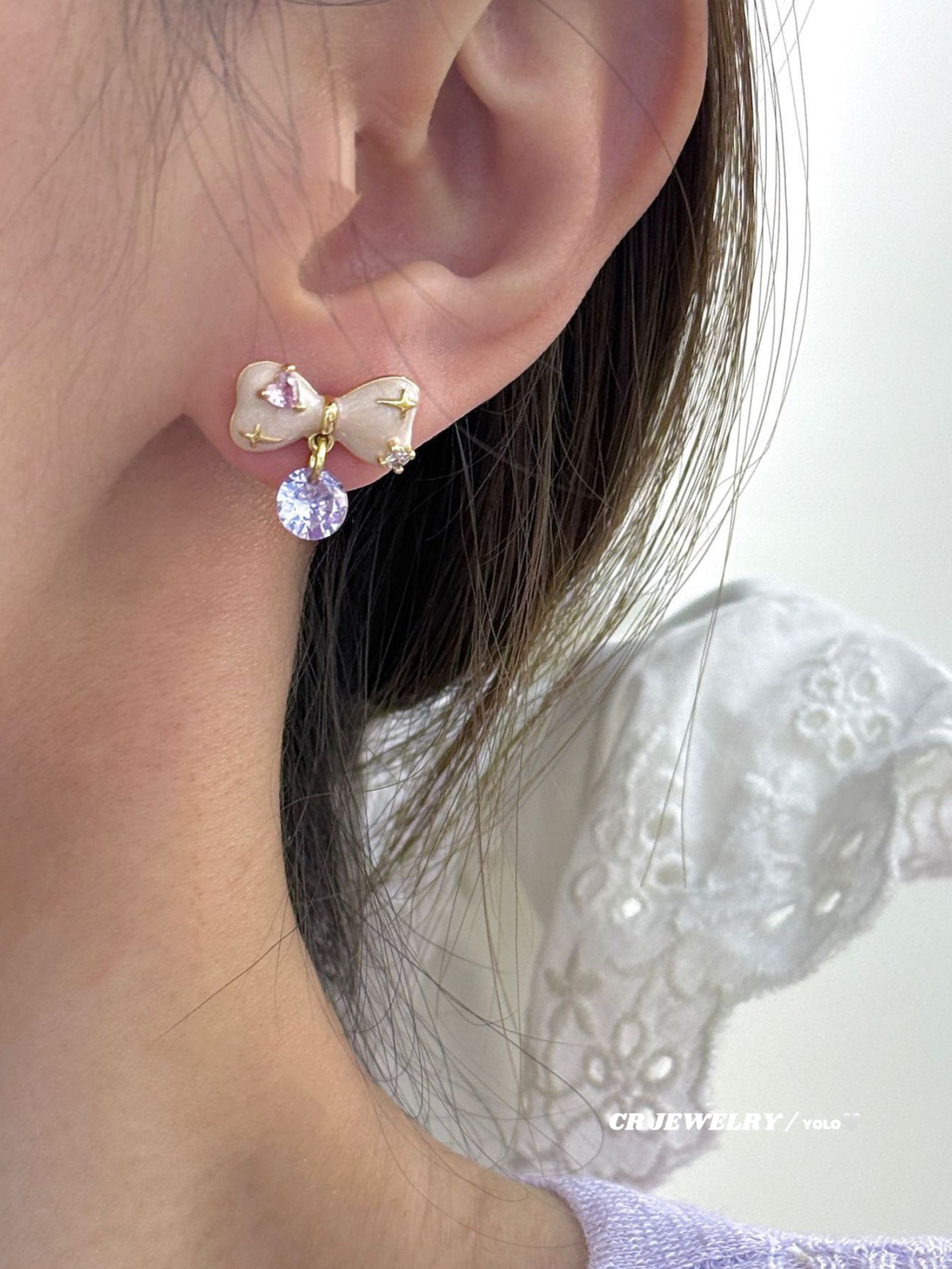 Sweet enamel drip glaze bow light purple zircon stud earrings