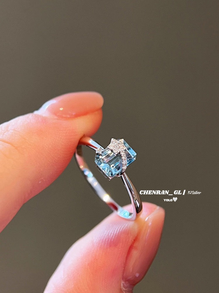 S925 silver meteor sea blue zirconium ring