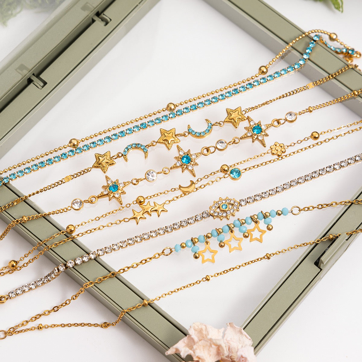 Blue zircon octagram design stainless steel bracelet