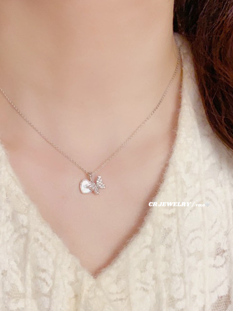 Sparkling diamond butterfly shell heart necklace