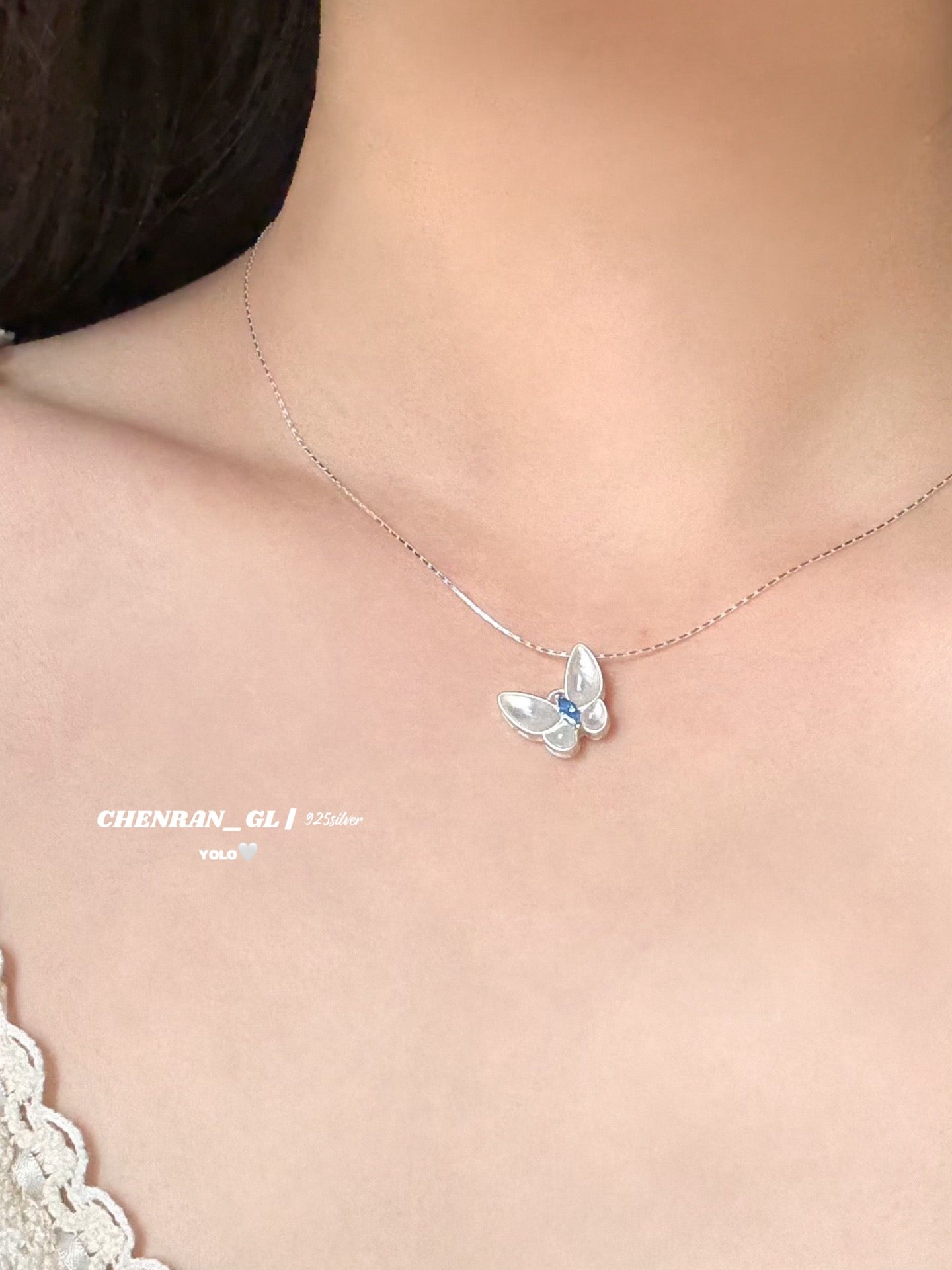 S925 silver butterfly blue diamond necklace