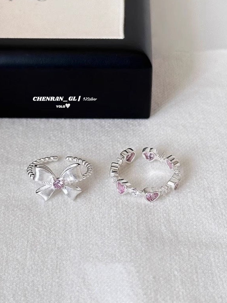 S925 silver bow pink diamond ring