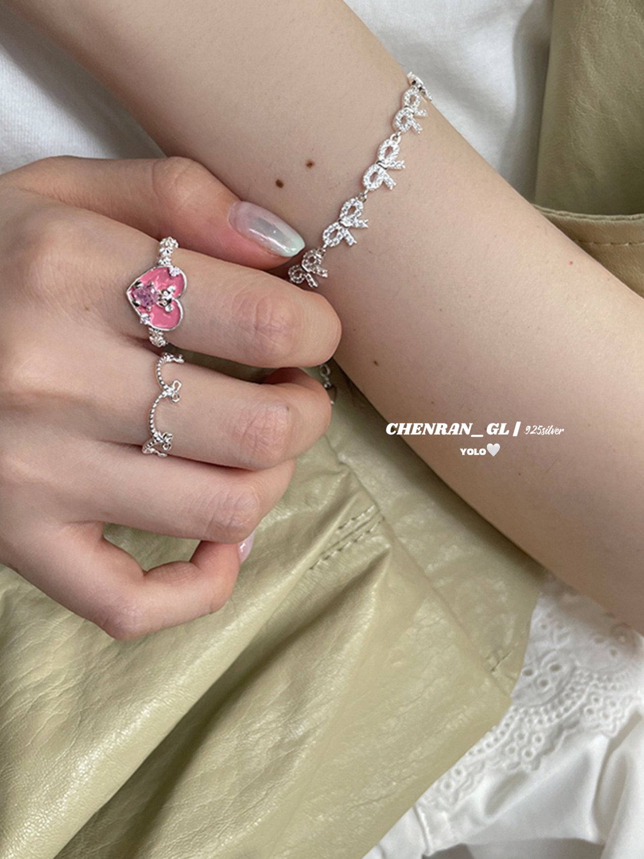 S925 silver sweet pink cute bear zircon bow ring
