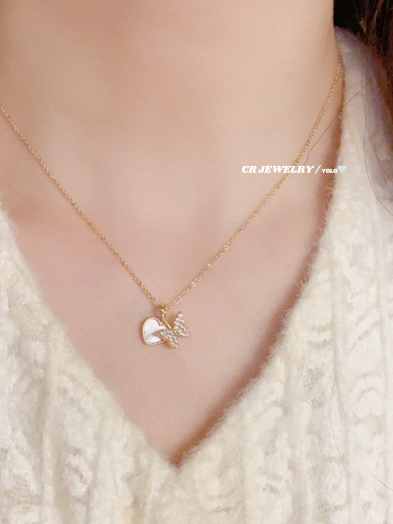 Sparkling diamond butterfly shell heart necklace