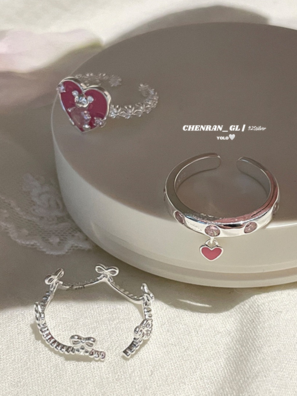 S925 silver sweet pink cute bear zircon bow ring
