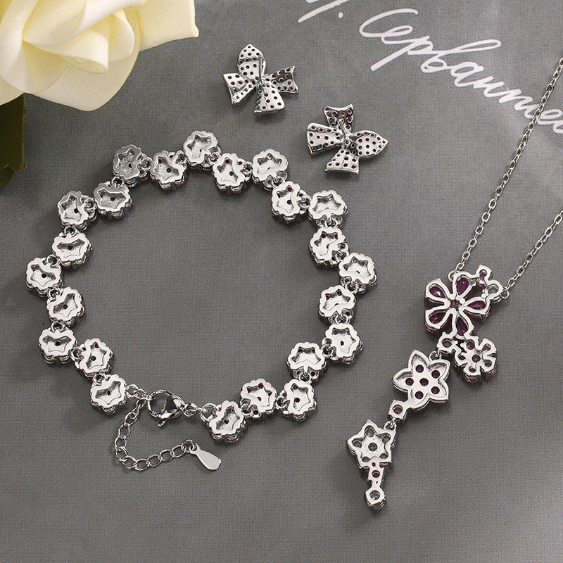 Red corundum zircon flower earrings necklace bracelet set