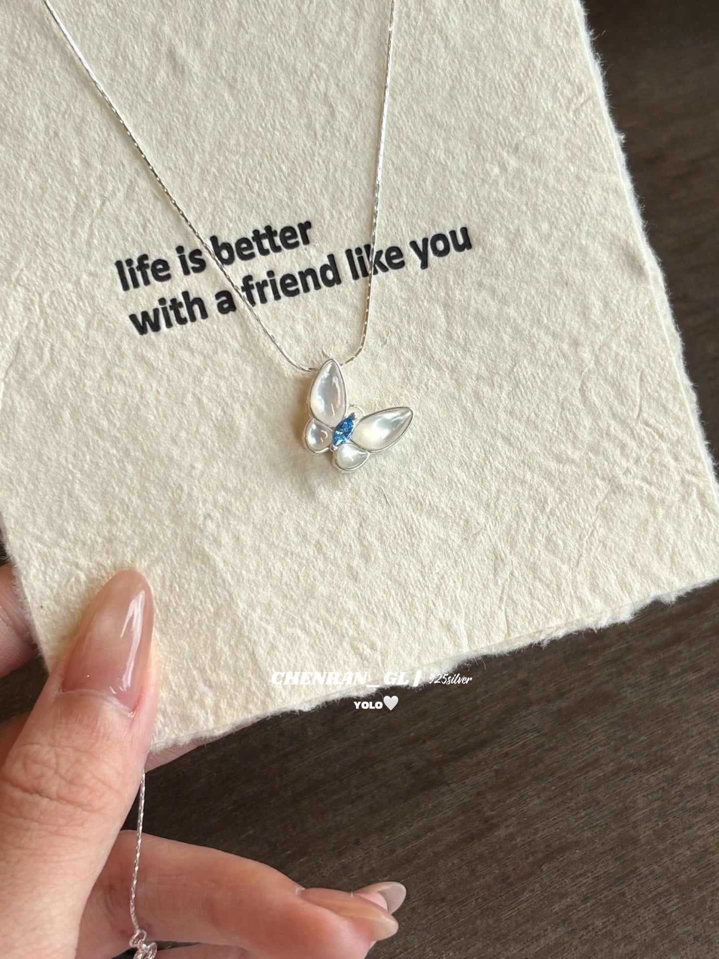 S925 silver butterfly blue diamond necklace