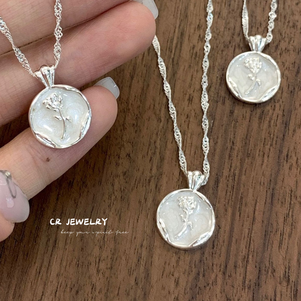 S925 silver round plate glazed tulip necklace