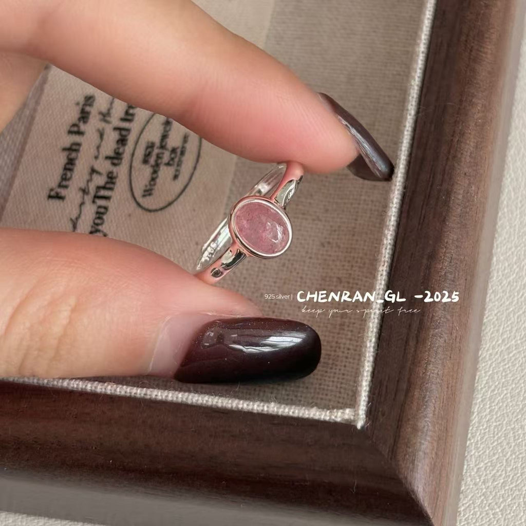 S925 silver oval strawberry crystal ring