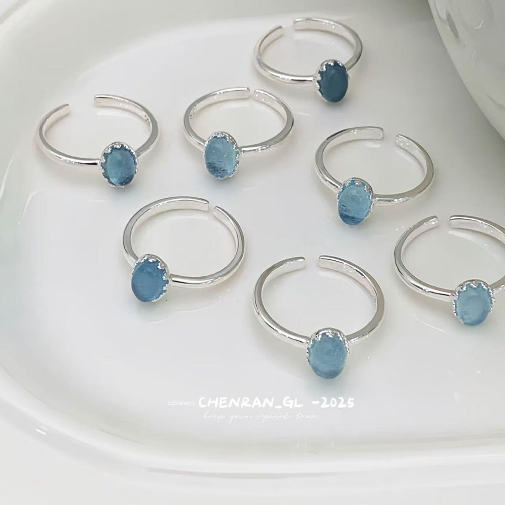 S925 silver ice-transparent oval aquamarine ring