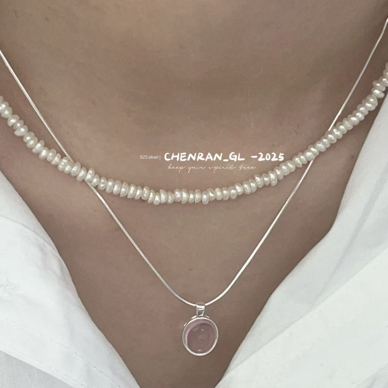 S925 silver sweet natural cherry blossom pink chalcedony necklace